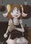  absurd_res anthro black_nose blue_eyes bovid brown_hair caprine cleaning_tool clothing detailed_background feather_duster fur furniture girly goat hair hi_res horn inside laizd maid_uniform male mammal milo_(twang) open_mouth signature smile solo uniform white_body white_fur 