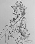  1girl animal_ears breasts cleavage closed_mouth cow_ears cow_girl cow_horns crop_top crossed_legs greyscale haori highres horns japanese_clothes kanaria_(bocmn) looking_at_viewer monochrome one-hour_drawing_challenge short_hair shorts simple_background sitting sketch solo statue touhou traditional_media ushizaki_urumi 