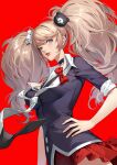  1girl bear_hair_ornament black_choker black_shirt blue_eyes bow breasts choker collared_shirt commentary_request cowboy_shot danganronpa_(series) enoshima_junko hair_ornament hand_on_own_hip highres lipstick long_hair looking_at_viewer makeup necktie parted_lips pleated_skirt red_background red_bow red_skirt shirt shirt_bow simple_background skirt sleeves_rolled_up solo twintails white_necktie yin_lan_xue 