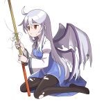  absurdres ahoge asatsuki_(fgfff) black_pantyhose blue_dress dress fishing_rod highres holding holding_fishing_rod juliet_sleeves long_sleeves multiple_wings no_shoes pantyhose puffy_sleeves red_eyes sariel_(touhou) shirt sitting torn_clothes torn_pantyhose touhou touhou_(pc-98) wariza white_hair white_shirt wings 