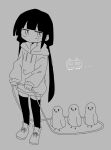  1girl absurdres bird blunt_bangs closed_mouth commentary_request doodle_inset drawstring expressionless face_of_the_people_who_sank_all_their_money_into_the_fx_(meme) full_body greyscale highres holding holding_rope hood hood_down hoodie jitome lag_train_(vocaloid) light_blush long_hair long_sleeves looking_at_viewer low_twintails meme monochrome osage_(inabakumori) playing richard_(richaball) rope sanpaku shoes simple_background solo standing thighhighs train twintails vocaloid 