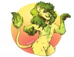  anthro brown_eyes cheek_tuft chest_tuft eyebrows facial_tuft fangs featureless_crotch felid fur green_body green_eyebrows green_fur green_mane green_nose green_tongue lion lionfloof male mammal mane nude pantherine signature simple_background solo tail teeth tongue tuft yellow_body yellow_fur yellow_tail 