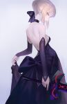  1girl artoria_pendragon_(fate) backless_dress backless_outfit bare_shoulders black_bow black_choker black_dress black_sleeves blonde_hair bow breasts choker detached_sleeves dress excalibur_morgan_(fate) fate/grand_order fate/stay_night fate_(series) grey_background hair_bow hair_bun highres holding holding_sword holding_weapon looking_at_viewer parted_lips saber_alter shigma sidelocks sideways_glance skirt_hold slit_pupils small_breasts solo strapless strapless_dress sword weapon yellow_eyes 
