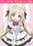  1girl alternate_costume blonde_hair breasts ecute enmaided fangs highres jashin-chan_dropkick long_hair looking_at_viewer maid maid_headdress official_art open_mouth red_eyes simple_background small_breasts smile solo striped striped_background yukiwo 