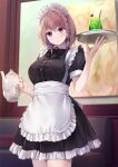 1girl apron black_bow black_bowtie blush booth_seating bow bowtie braid breasts cherry cup drinking_glass drinking_straw food frills fruit hair_tie highres holding holding_teapot holding_tray ice_cream ice_cream_float looking_at_viewer maid_apron maid_headdress original pasdar purple_eyes short_sleeves smile solo teapot tray underbust 
