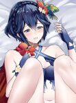  1girl ameno_(a_meno0) bare_arms bare_shoulders bikini blue_bikini braid breasts cape cleavage clenched_teeth collarbone fingerless_gloves fire_emblem fire_emblem_awakening fire_emblem_heroes flower gloves hair_flower hair_ornament hibiscus lucina_(fire_emblem) lucina_(summer)_(fire_emblem) lying marth_(fire_emblem_awakening) official_alternate_costume official_alternate_hairstyle on_back short_hair small_breasts solo sweat swimsuit tearing_up tears teeth torn_clothes 