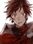  1boy absurdres blood blood_on_face diamant_(fire_emblem) fire_emblem fire_emblem_engage high_collar highres injury looking_at_viewer male_focus open_mouth red_eyes red_hair short_hair solo teeth upper_teeth_only white_background yoi0763 