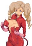  1girl absurdres arado_balanga_(xchd7538) blonde_hair blue_eyes bodysuit breasts catsuit cleavage cowboy_shot earrings full-length_zipper gloves highres jewelry large_breasts latex latex_bodysuit long_hair looking_at_viewer persona persona_5 pink_gloves red_bodysuit simple_background solo standing takamaki_anne twintails undressing unzipping white_background zipper 
