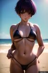  1girl ai-generated beach bikini blue_sky blurry blurry_background breasts day high_contrast horizon medium_breasts muted_color navel ocean outdoors pixie_cut purple_hair short_hair sky solo swimsuit underboob 