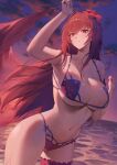  1girl absurdres bare_shoulders bikini breasts cleavage collarbone fate/grand_order fate_(series) flower hair_between_eyes hair_flower hair_ornament hibiscus highres large_breasts long_hair navel purple_bikini purple_hair red_eyes rororo scathach_(fate) scathach_(swimsuit_assassin)_(fate) smile solo swimsuit thighs 