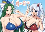  2girls :p bare_shoulders bikini blue_bikini blue_eyes blue_headwear blush breasts cleavage collarbone commentary_request double_v embarrassed frilled_bikini frills front-tie_bikini_top front-tie_top gradient_background green_eyes green_hair grey_hair hair_bobbles hair_ornament hat highres huge_breasts large_breasts long_hair mima_(touhou) multiple_girls norori one_side_up open_mouth red_bikini ribbon shinki_(touhou) simple_background smile sun_print sun_symbol swimsuit tongue tongue_out touhou touhou_(pc-98) upper_body v w wizard_hat 