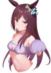  1girl animal_ears animal_hands bare_shoulders bra breasts brown_hair criss-cross_halter cropped_torso gloves hair_ornament hairclip halterneck hand_up highres horse_ears long_hair looking_at_viewer mejiro_dober_(umamusume) navel open_mouth paw_gloves pink_bra purple_eyes simple_background small_breasts solo sweatdrop umamusume underwear upper_body white_background yonemochi_yume 