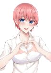  1girl :d blue_eyes breasts button_gap collared_shirt go-toubun_no_hanayome hair_between_eyes heart heart_hands highres hoshinori19 large_breasts nakano_ichika pink_hair shirt short_hair short_sleeves smile solo teeth upper_body upper_teeth_only white_background white_shirt 