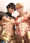  2boys abs bara bchlmnr black_hair blonde_hair body_markings earrings fate/grand_order fate_(series) gilgamesh_(fate) highres jewelry large_pectorals looking_at_viewer male_focus multiple_boys muscular muscular_male navel necklace nipples open_mouth ozymandias_(fate) pectorals red_eyes short_hair shrug_(clothing) yellow_eyes 