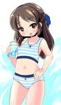  1girl absurdres ass_visible_through_thighs bare_arms bare_shoulders bikini blue_bow bow breasts brown_eyes brown_hair closed_mouth collarbone cup disposable_cup drinking_straw flower_in_eye hair_bow highres holding holding_cup ice ice_cube idolmaster idolmaster_cinderella_girls lemon_pan long_hair navel parted_bangs small_breasts solo striped striped_bikini swimsuit symbol_in_eye tachibana_arisu tongue tongue_out 