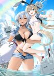  2girls :d alternate_costume anchor_hair_ornament bikini black_bikini blonde_hair blue_jacket blue_sky bracelet breast_press breasts brown_eyes carrying carrying_person cloud cropped_jacket denim denim_shorts eyewear_on_head grey_hair hair_between_eyes hair_ornament highleg highleg_bikini highres jacket jewelry kantai_collection large_breasts long_hair multiple_girls musashi_(kancolle) navel ocean open_mouth outdoors partially_submerged rainbow rensouhou-chan shimakaze_(kancolle) shorts sky small_breasts smile swimsuit wading white_bikini yunamaro 