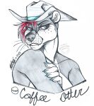  anthro beverage butt clothing coffee cowboy cowgirl_(disambiguation) female hat headgear headwear hi_res humanoid mammal mustelid ott otter river rudder_(disambiguation) sketch sleek sly solo thehuntingwolf western 