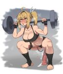  1girl ahoge barbell black_gloves black_panties black_sports_bra blonde_hair blush breasts cleavage clothing_aside collarbone commission difman dildo dildo_riding exercise feet female_ejaculation female_masturbation fingerless_gloves full_body gloves hair_between_eyes heart highres large_breasts long_hair masturbation navel nipples original panties panties_aside red_eyes rolling_eyes sex_toy side_ponytail sidelocks solo sports_bra squatting stirrup_legwear sweat thigh_strap toeless_legwear underwear vibrator vibrator_in_thigh_strap weightlifting 