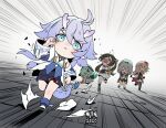  &gt;_&lt; 2023 5girls absurdres ahoge artofmiin bailu_(honkai:_star_rail) black_gloves black_jacket blue_eyes brown_hair chasing chinese_clothes closed_eyes closed_mouth dragon_girl dragon_horns dragon_tail english_commentary gloves green_hair grey_hair guinaifen_(honkai:_star_rail) hand_on_own_thigh highres honkai:_star_rail honkai_(series) horns huohuo_(honkai:_star_rail) jacket multiple_girls open_clothes open_jacket open_mouth running shirt spoilers sushang_(honkai:_star_rail) sweatdrop tail thigh_strap twintails vomiting white_shirt white_sleeves 