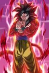  1boy biceps black_hair blue_sash body_fur buraku_black dragon_ball dragon_ball_gt highres long_hair looking_at_viewer male_focus monkey_boy monkey_tail muscular muscular_male no_nipples pants pectorals red_fur saiyan sash smile solo son_goku spiked_hair super_saiyan super_saiyan_4 tail yellow_pants 