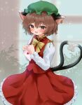  1girl :d animal_ear_piercing animal_ears blush bow bowtie brown_eyes brown_hair cat_ears cat_tail chen commentary_request cowboy_shot earrings envelope fangs fingernails flat_chest frills gold_trim green_headwear hands_up happy hat heart heart_tail holding holding_envelope jewelry long_hair long_sleeves mikan_(manmarumikan) mob_cap multiple_tails nekomata open_mouth petite petticoat red_skirt red_vest short_hair single_earring skirt skirt_set smile solo sparkle standing tail touhou two_tails vest yellow_bow yellow_bowtie 