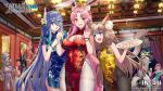 6+girls :d animal_ear_fluff animal_ears architecture bead_bracelet beads black_hair black_pantyhose blue_dress blue_eyes blue_hair blush bracelet breasts brown_hair china_dress chinese_clothes chinese_new_year cleavage cleavage_cutout clothing_cutout copyright copyright_name covered_navel cowboy_shot dress dumpling east_asian_architecture facial_mark fang fireworks flat_chest floral_print food forehead_mark frown hair_between_eyes hands_up highres holding holding_another&#039;s_arm holding_another&#039;s_wrist holding_plate indoors jewelry jiaozi lantern large_breasts logo long_hair looking_at_another millennium_tour multiple_girls night night_sky official_art open_mouth pantyhose paper_lantern parted_bangs pink_hair plate rabbit_ears rectangular_mouth red_dress red_eyes short_dress sidelocks skin_fang sky smile very_long_hair white_hair white_pantyhose yellow_dress yetania 