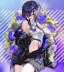  1girl artist_request bare_shoulders black_hair black_jacket black_skirt breasts buttons collared_shirt crop_top crop_top_overhang cropped dress_shirt flower fur_collar gun handgun holding holding_gun holding_weapon ichinose_uruha jacket long_hair long_sleeves looking_at_viewer lupinus_virtual_games medium_breasts midriff miniskirt multicolored_hair navel off_shoulder official_alternate_costume open_clothes open_jacket pleated_skirt purple_flower red_eyes rose second-party_source shirt skirt sleeveless sleeveless_shirt solo stomach streaked_hair suspenders thighs trigger_discipline undershirt virtual_youtuber vspo! weapon white_shirt 