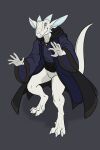  5_fingers anthro biped black-kitten claws clothed clothing female fingers genitals hi_res horn kobold pussy scalie simple_background smile solo tail white_body 