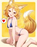  1girl :d alternate_costume animal_ear_fluff animal_ears bare_arms bare_legs bare_shoulders barefoot bikini blonde_hair blue_bikini commentary_request eyelashes fangs fingernails flat_chest fox_ears fox_tail hair_between_eyes head_tilt heart highres kisaragi_koushi kudamaki_tsukasa leaning_forward light_blush looking_at_viewer open_mouth petite shadow short_hair simple_background sitting skin_fangs smile solo spoken_heart swimsuit tail toenails toes touhou wariza yellow_background yellow_eyes 