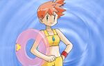  1girl bare_arms bike_shorts blue_background brown_eyes closed_mouth collarbone commentary_request eyelashes hand_on_own_hip innertube looking_at_viewer midriff misty_(pokemon) orange_hair pink_innertube pokemon pokemon_(game) pokemon_rgby red_wristband retro_artstyle sawa_(soranosawa) short_hair smile solo spiked_hair sports_bra yellow_sports_bra 