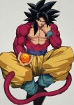  1boy biceps black_hair blue_sash blue_wristband body_fur dragon_ball dragon_ball_(object) dragon_ball_gt gigatan_d long_hair male_focus monkey_boy monkey_tail muscular muscular_male no_nipples pants pectorals red_fur saiyan sash solo son_goku spiked_hair super_saiyan super_saiyan_4 tail yellow_pants 