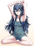  1girl alternate_costume ameno_(a_meno0) armpits arms_up blue_eyes blue_hair breasts collarbone crossed_legs family fire_emblem fire_emblem_awakening flat_chest grabbing_own_arm hand_on_own_elbow long_hair looking_at_viewer loungewear lucina_(fire_emblem) sitting small_breasts smile solo tiara 