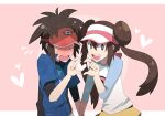  1boy 1girl blue_eyes blush brown_hair double_bun hair_bun heart heart_hands heart_hands_duo lumiiloup nate_(pokemon) open_mouth pokemon pokemon_(game) pokemon_bw2 raglan_sleeves rosa_(pokemon) signature smile visor_cap 