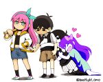  2boys 2girls aubrey_(faraway)_(omori) aubrey_(omori) baseball_bat black_eyes black_hair black_socks black_sweater_vest black_thighhighs blush bow closed_eyes collared_shirt colored_skin crop_top green_eyes hair_bow hairband heart holding holding_baseball_bat hug jacket long_hair long_sleeves miya_(baelfight) multiple_boys multiple_girls navel omori omori_(omori) open_mouth pink_bow pink_hair purple_hair shirt short_hair short_sleeves smile socks sunny_(omori) sweater_vest thighhighs twitter_username white_jacket white_shirt white_skin white_socks 