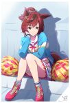  1girl animal_ears artist_name belt blue_jacket brown_hair closed_mouth commentary dated elbow_on_knee full_body highres horse_ears horse_girl horse_tail jacket layered_skirt long_sleeves looking_at_viewer medium_hair multicolored_hair nice_nature_(run&amp;win)_(umamusume) nice_nature_(umamusume) nii_manabu official_alternate_costume open_clothes open_jacket pom_pom_(cheerleading) ponytail roar_yell!_tracen_academy_cheerleading_squad_(umamusume) sailor_collar shadow shirt shoes signature sitting skirt smile sneakers socks solo split_mouth streaked_hair tail thigh_strap umamusume white_shirt white_skirt yellow_eyes 