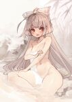  1girl arm_support blush bow breasts closed_mouth collarbone dot_nose eyes_visible_through_hair feet_out_of_frame fujiwara_no_mokou grey_hair hair_bow highres junly long_hair looking_to_the_side navel nude open_mouth partially_submerged red_eyes short_hair_with_long_locks solo thick_thighs thighs touhou towel 