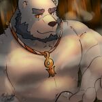  bear beard blue_body blue_hair bonasiah clothed clothing erection erection_under_clothing facial_hair hair hi_res male mammal matsurishiroii orange_eyes pecs solo sophring_jie 