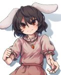  1girl absurdres animal_ears black_hair blush carrot_necklace closed_mouth commentary_request dress flat_chest floppy_ears frilled_sleeves frills hair_between_eyes highres inaba_tewi jewelry kusiyan looking_at_viewer necklace pink_dress puffy_short_sleeves puffy_sleeves rabbit_ears rabbit_girl red_eyes shadow short_hair short_sleeves simple_background smile solo touhou upper_body wavy_hair white_background 