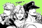  1girl 2boys collarbone dio_brando double_v green_background hat headband jojo_no_kimyou_na_bouken korean_commentary kujo_holy kujo_jotaro lemona633 lips looking_at_viewer mother_and_son multiple_boys muscular muscular_male shirt short_hair smile stardust_crusaders sweatdrop v 