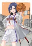  1girl ball basketball basketball_(object) basketball_uniform black_bra blue_hair blush bra breasts collarbone green_eyes highres holding holding_ball jun_(rellik_&amp;_redrum) kashiwagi_haruko looking_at_viewer medium_breasts medium_hair midriff muv-luv muv-luv:_dimensions muv-luv_alternative navel open_mouth skirt smile sportswear underwear white_skirt 