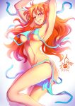  1girl armpits arms_up artist_logo artist_name ass bikini blue_bikini breasts brown_eyes cherry_in_the_sun covered_nipples english_commentary grin large_breasts long_hair looking_at_viewer lying nami_(one_piece) navel on_side one_eye_closed one_piece orange_hair sideboob smile solo stomach swimsuit untied_bikini very_long_hair wavy_hair 