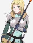  1girl armor belt black_belt blonde_hair blue_gloves blunt_bangs breastplate commentary_request dress fire_emblem fire_emblem:_three_houses fire_emblem_warriors:_three_hopes gloves green_dress green_eyes grey_background highres holding holding_weapon ingrid_brandl_galatea looking_at_viewer medium_hair pauldrons peach11_01 shoulder_armor simple_background smile solo upper_body weapon 