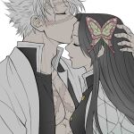  1boy 1girl black_hair breasts butterfly_hair_ornament closed_eyes closed_mouth couple demon_slayer_uniform facing_another flat_color from_side grey_hair hair_ornament hand_on_another&#039;s_head haori hetero highres jacket japanese_clothes kimetsu_no_yaiba kiss kissing_forehead kochou_kanae long_hair long_sleeves pectorals profile sainn1129 scar scar_on_chest scar_on_face scar_on_forehead scar_on_hand scar_on_nose shinazugawa_sanemi short_hair simple_background upper_body white_background white_jacket 