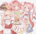  1other 2girls akiyama_mizuki asagimu_(tsuktsuk) blonde_hair blue_eyes burger character_request check_character dotabata_cafe_rec!!_(project_sekai) doughnut employee_uniform fast_food_uniform food looking_at_viewer medium_hair momoi_airi multicolored_eyes multiple_girls one_eye_closed ootori_emu pink_eyes pink_hair project_sekai side_ponytail tray uniform white_background 