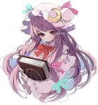  1girl artist_name book closed_mouth commentary crescent crescent_hat_ornament dress frilled_sleeves frills hat hat_ornament holding holding_book long_hair long_sleeves mob_cap patchouli_knowledge piyokichi purple_dress purple_eyes purple_hair purple_headwear revision simple_background solo touhou upper_body white_background wide_sleeves 