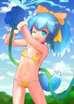  1girl ;d absurdres animal_hands bare_shoulders bikini blue_eyes blue_hair blue_sky blue_tail bow breasts cloud cowboy_shot day dog_girl dog_tail gloves hair_bow highres holding holding_hose hose inu-t legs_apart light_blue_hair long_sleeves navel nt-tan one_eye_closed open_mouth os-tan outdoors paw_gloves ponytail sky small_breasts smile solo standing swimsuit tail teeth tsukiyono_aroe upper_teeth_only water yellow_bikini yellow_bow 