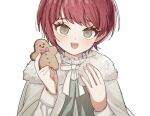  1girl :d alternate_costume blush cheeseko danganronpa_(series) danganronpa_2:_goodbye_despair food fur-trimmed_jacket fur_trim green_eyes hands_up holding holding_food jacket koizumi_mahiru long_sleeves neck_ribbon red_hair ribbon short_hair simple_background smile solo teeth upper_body upper_teeth_only white_background white_ribbon 