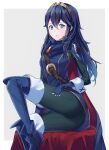  1girl ameno_(a_meno0) black_bodysuit blue_cape blue_eyes blue_footwear blue_gloves blue_hair bodysuit boots cape family fingerless_gloves fire_emblem fire_emblem_awakening gloves knee_up long_hair lucina_(fire_emblem) multicolored_cape multicolored_clothes parted_lips red_cape ribbed_bodysuit sitting solo teeth thigh_boots 