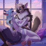  2023 4_toes 5_fingers anthro blue_eyes blue_hair breasts canid canine clothed clothing digital_media_(artwork) duo feet female fingers fox green_eyes hair imanika male mammal smile toes 