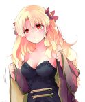 1girl azumi_(myameco) bare_shoulders blonde_hair breasts cape cleavage commentary_request ereshkigal_(fate) fate/grand_order fate_(series) hair_ribbon long_hair medium_breasts red_cape red_eyes red_ribbon ribbon simple_background solo two_side_up white_background 